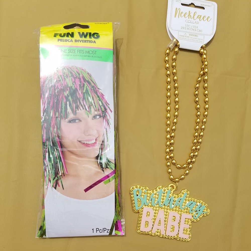 BIRTHDAY BABE NECKLACE & FUN WIG by Amscan NWT 🎂